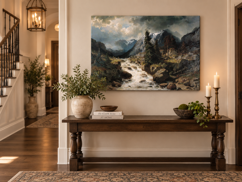 Hand-painted Alpine Torrent beneath Stormy Peaks landscape oil painting displayed as wall art in a styled interior