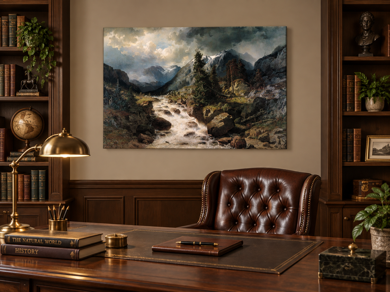 Hand-painted Alpine Torrent beneath Stormy Peaks landscape oil painting displayed as wall art in a styled interior