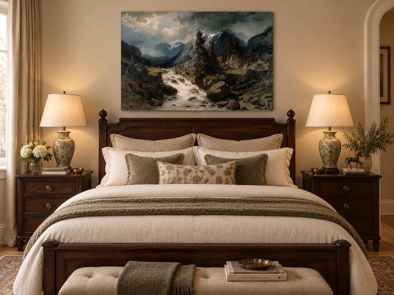 Hand-painted Alpine Torrent beneath Stormy Peaks landscape oil painting displayed as wall art in a styled interior