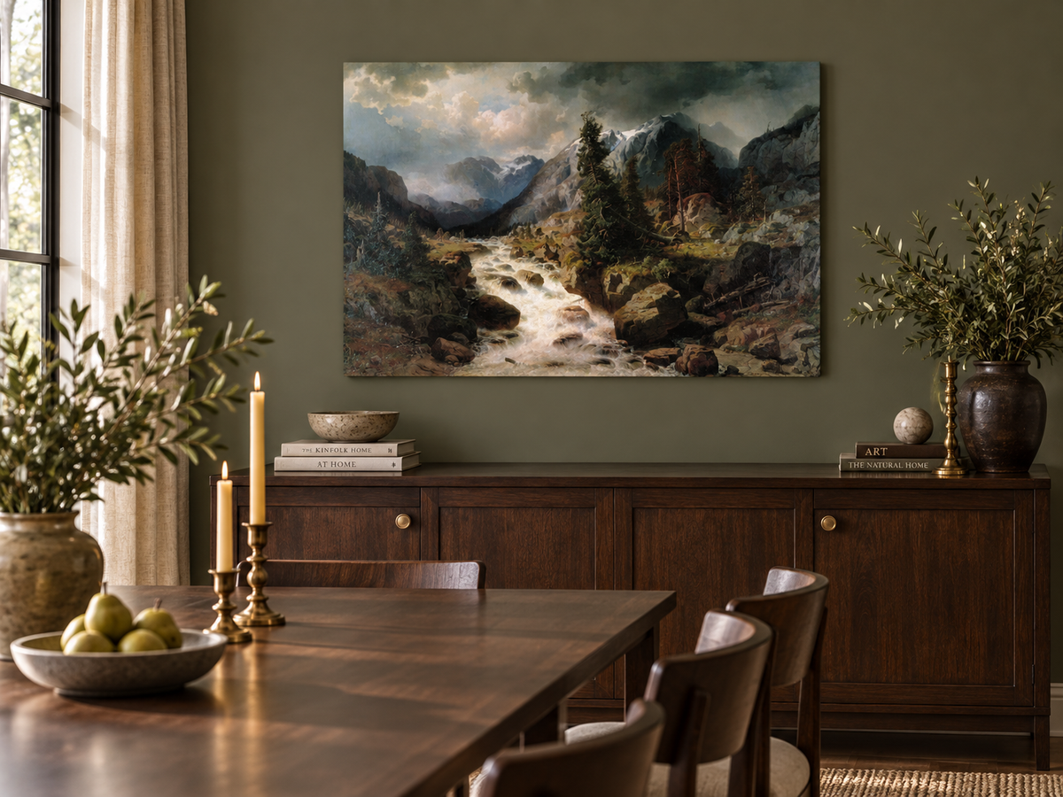 Hand-painted Alpine Torrent beneath Stormy Peaks landscape oil painting displayed as wall art in a styled interior