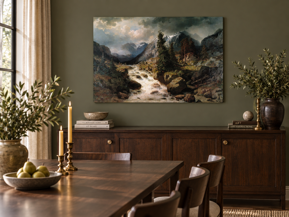 Hand-painted Alpine Torrent beneath Stormy Peaks landscape oil painting displayed as wall art in a styled interior