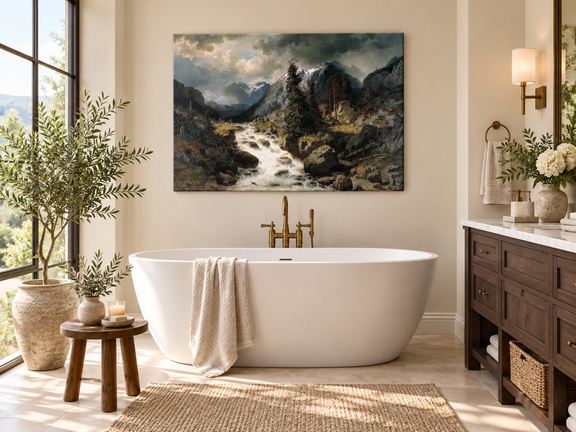 Hand-painted Alpine Torrent beneath Stormy Peaks landscape oil painting displayed as wall art in a styled interior