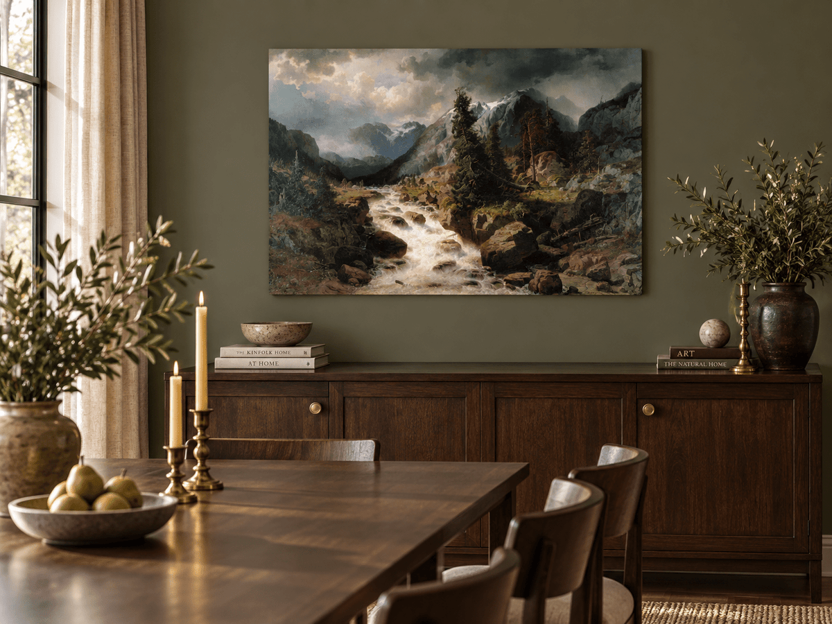 Hand-painted Alpine Torrent beneath Stormy Peaks landscape oil painting displayed as wall art in a styled interior