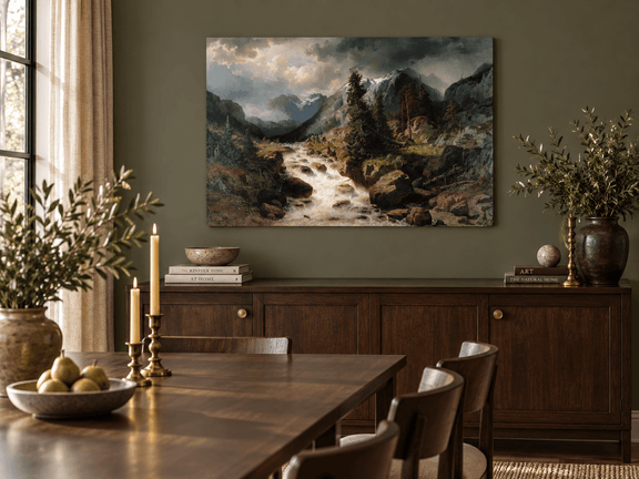 Hand-painted Alpine Torrent beneath Stormy Peaks landscape oil painting displayed as wall art in a styled interior