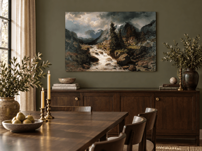 Hand-painted Alpine Torrent beneath Stormy Peaks landscape oil painting displayed as wall art in a styled interior