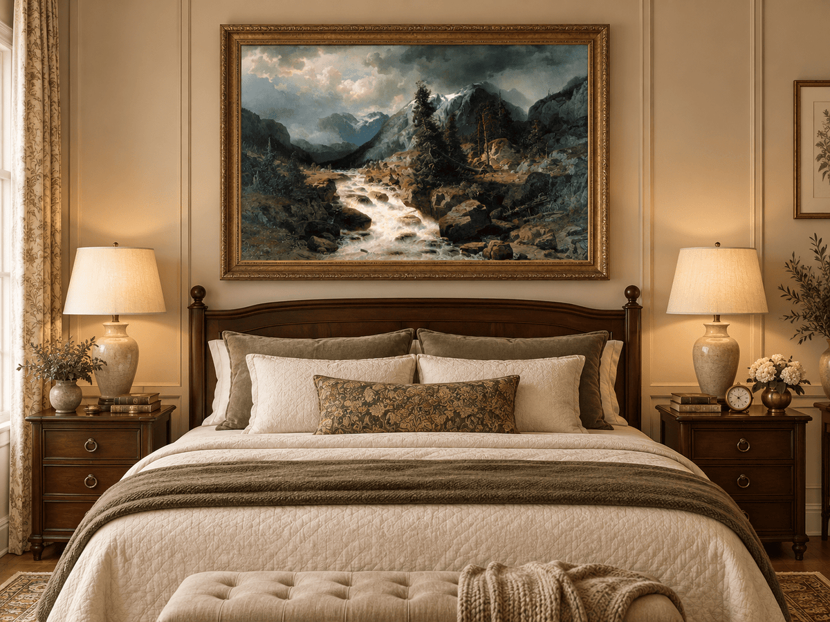 Hand-painted Alpine Torrent beneath Stormy Peaks landscape oil painting displayed as wall art in a styled interior
