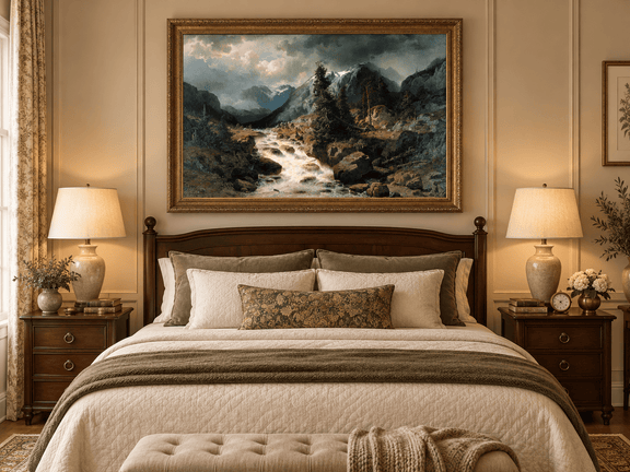 Hand-painted Alpine Torrent beneath Stormy Peaks landscape oil painting displayed as wall art in a styled interior