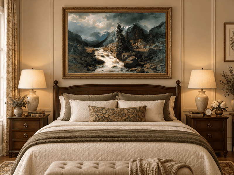 Hand-painted Alpine Torrent beneath Stormy Peaks landscape oil painting displayed as wall art in a styled interior