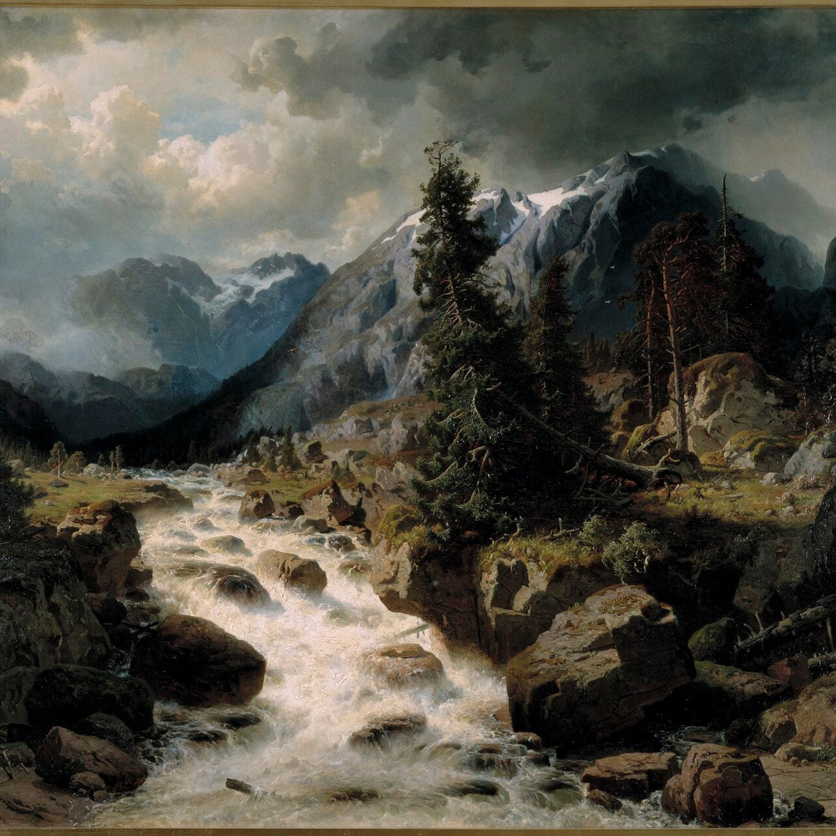 Landscape Oil Painting - Alpine Torrent beneath Stormy Peaks - Oil Painting Haven