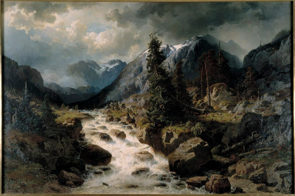 Landscape Oil Painting - Alpine Torrent beneath Stormy Peaks - Oil Painting Haven