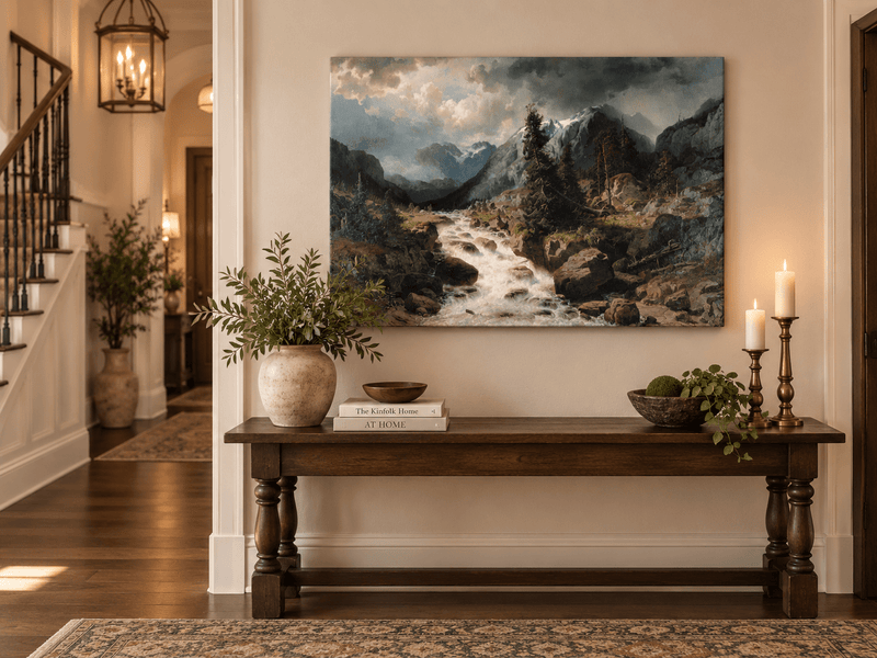 Hand-painted Alpine Torrent beneath Stormy Peaks landscape oil painting displayed as wall art in a styled interior