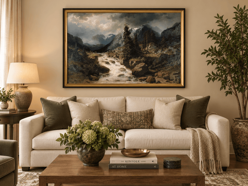 Hand-painted Alpine Torrent beneath Stormy Peaks landscape oil painting displayed as wall art in a styled interior
