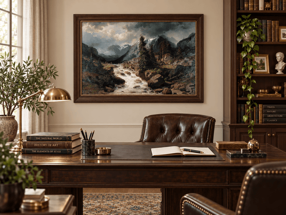 Hand-painted Alpine Torrent beneath Stormy Peaks landscape oil painting displayed as wall art in a styled interior