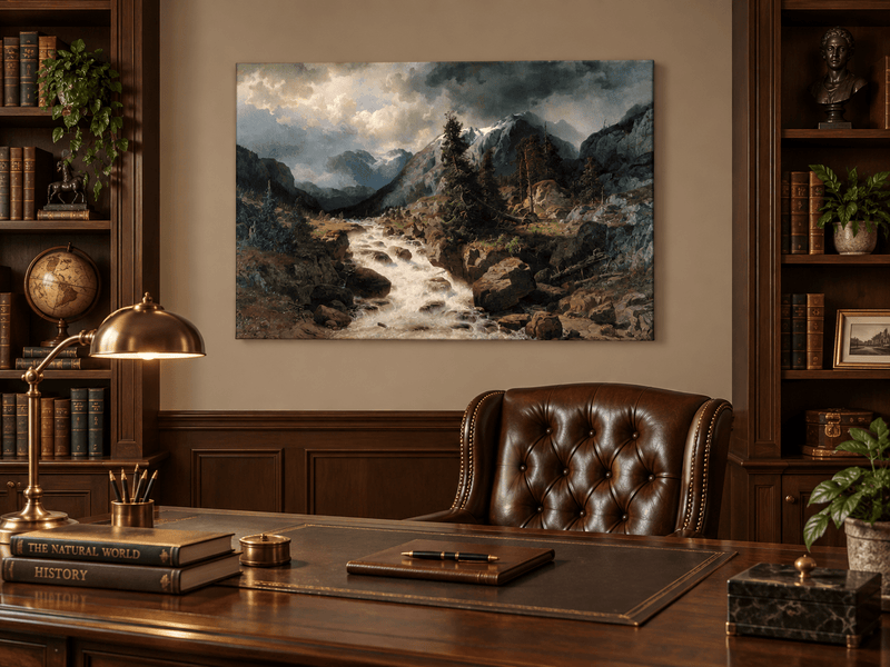 Hand-painted Alpine Torrent beneath Stormy Peaks landscape oil painting displayed as wall art in a styled interior
