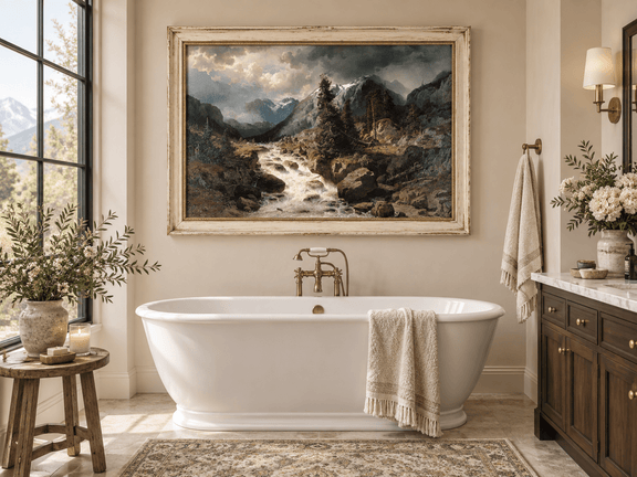 Hand-painted Alpine Torrent beneath Stormy Peaks landscape oil painting displayed as wall art in a styled interior