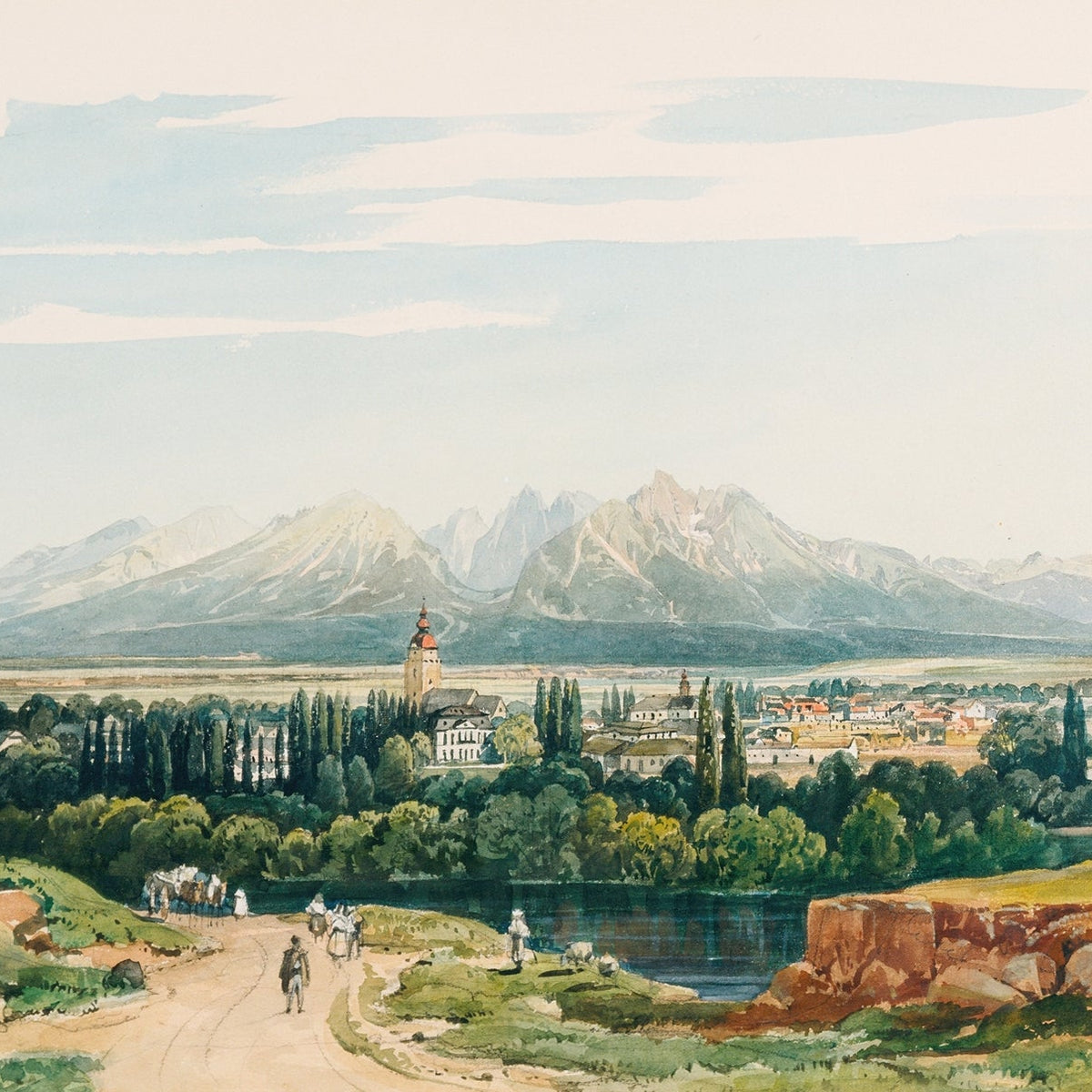 Hand-painted alpine town and mountain panorama view landscape oil painting on canvas