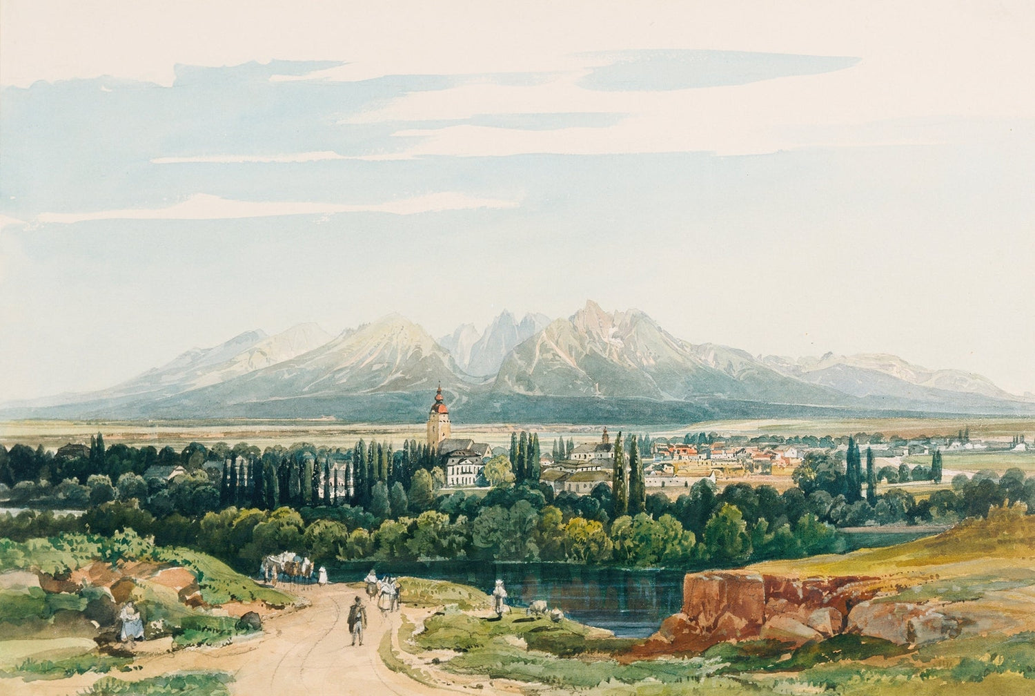 Landscape Oil Painting - Alpine Town and Mountain Panorama View - Oil Painting Haven