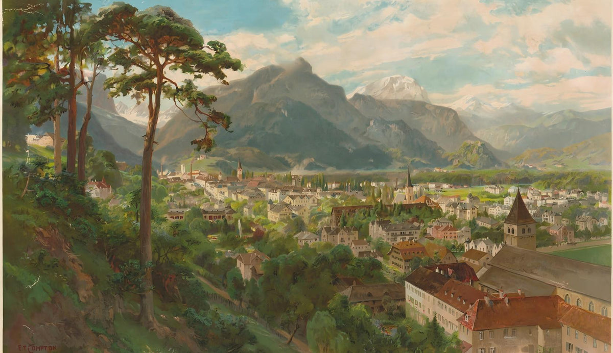 Landscape Oil Painting - Alpine Town and Mountain Valley View - Oil Painting Haven
