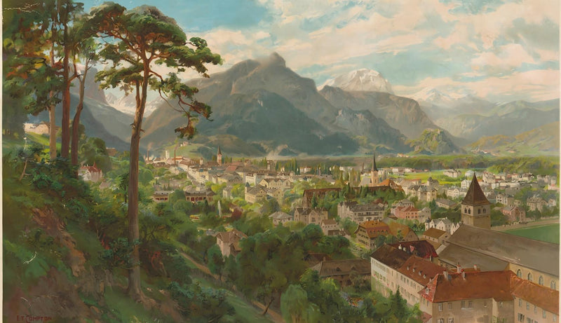 Landscape Oil Painting - Alpine Town and Mountain Valley View - Oil Painting Haven