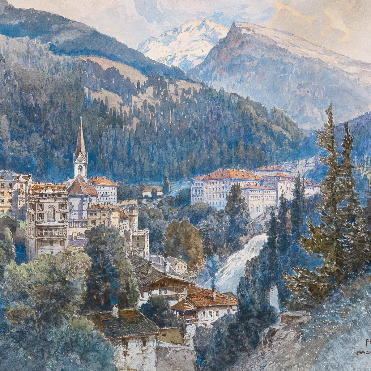 Hand-painted alpine town and mountain waterfall view landscape oil painting on canvas
