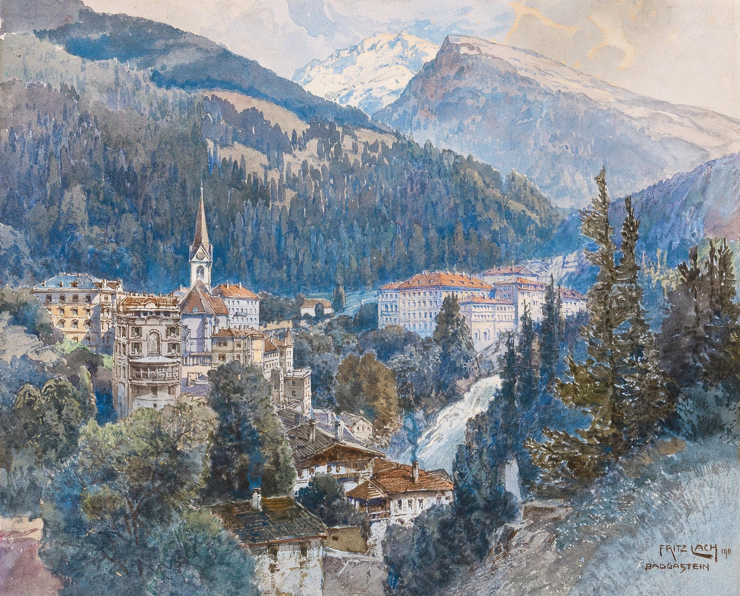 Landscape Oil Painting - Alpine Town and Mountain Waterfall View - Oil Painting Haven