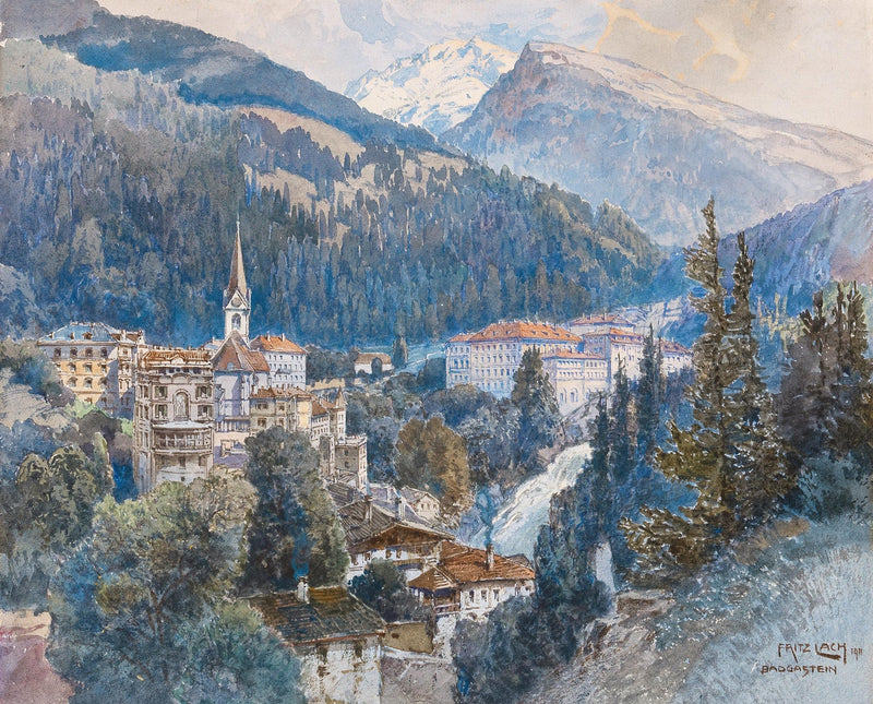 Hand-painted alpine town and mountain waterfall view landscape oil painting on canvas