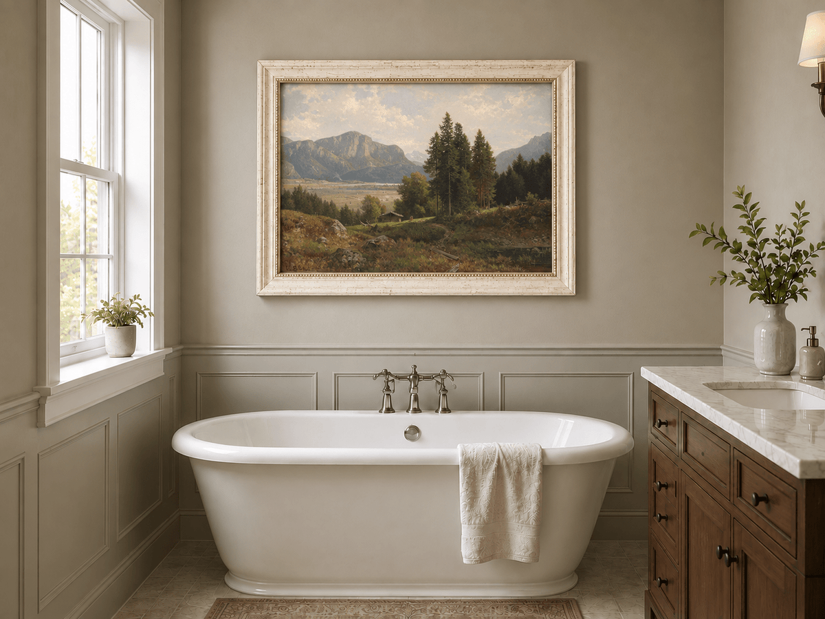 Landscape Oil Painting - Alpine Valley, Cabin, Forest & Distant