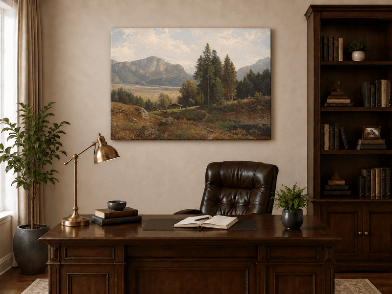 Landscape Oil Painting - Alpine Valley, Cabin, Forest & Distant