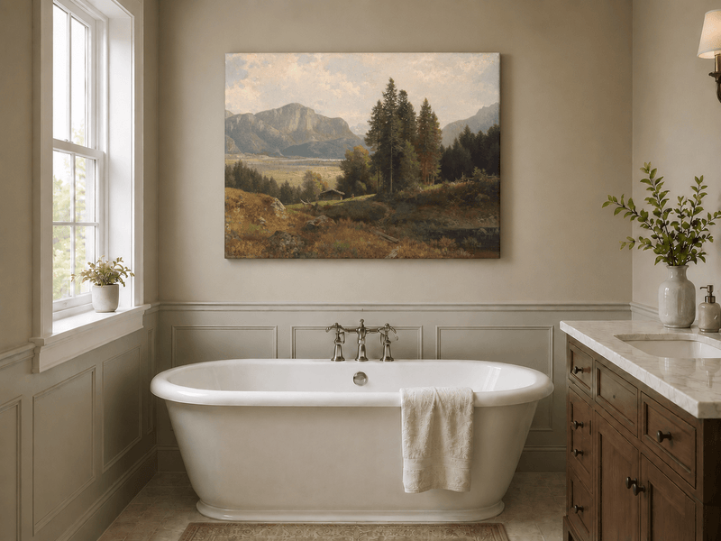 Landscape Oil Painting - Alpine Valley, Cabin, Forest & Distant