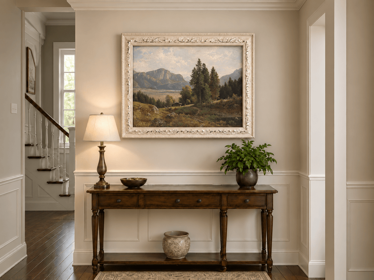 Landscape Oil Painting - Alpine Valley, Cabin, Forest & Distant