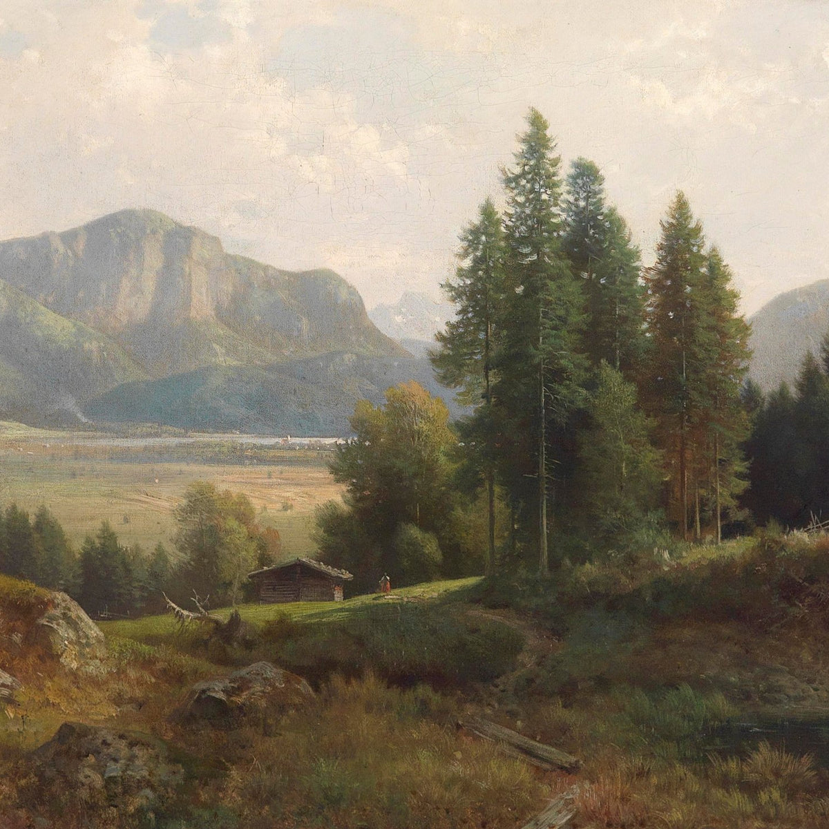 Landscape Oil Painting - Alpine Valley, Cabin, Forest & Distant Town - Oil Painting Haven