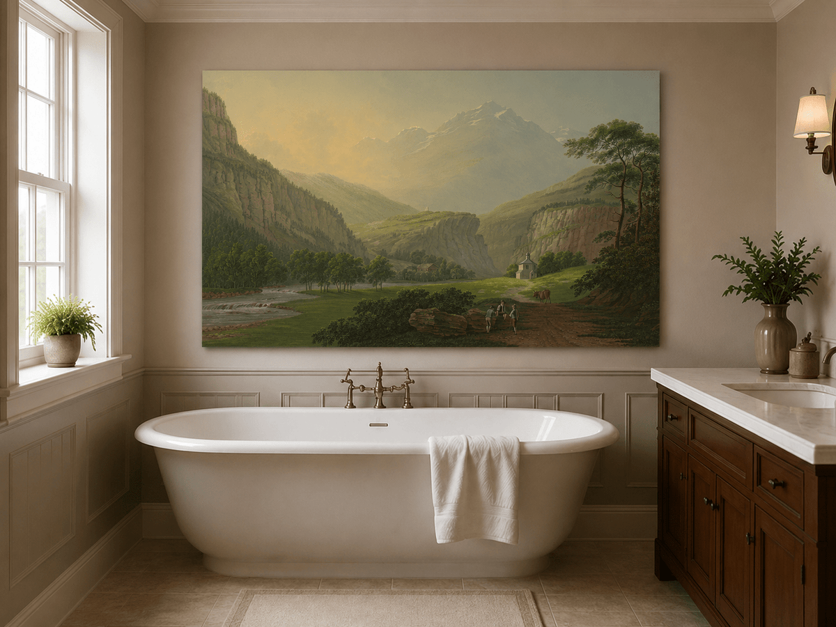 Landscape Oil Painting - Alpine Valley Chapel and Mountain River