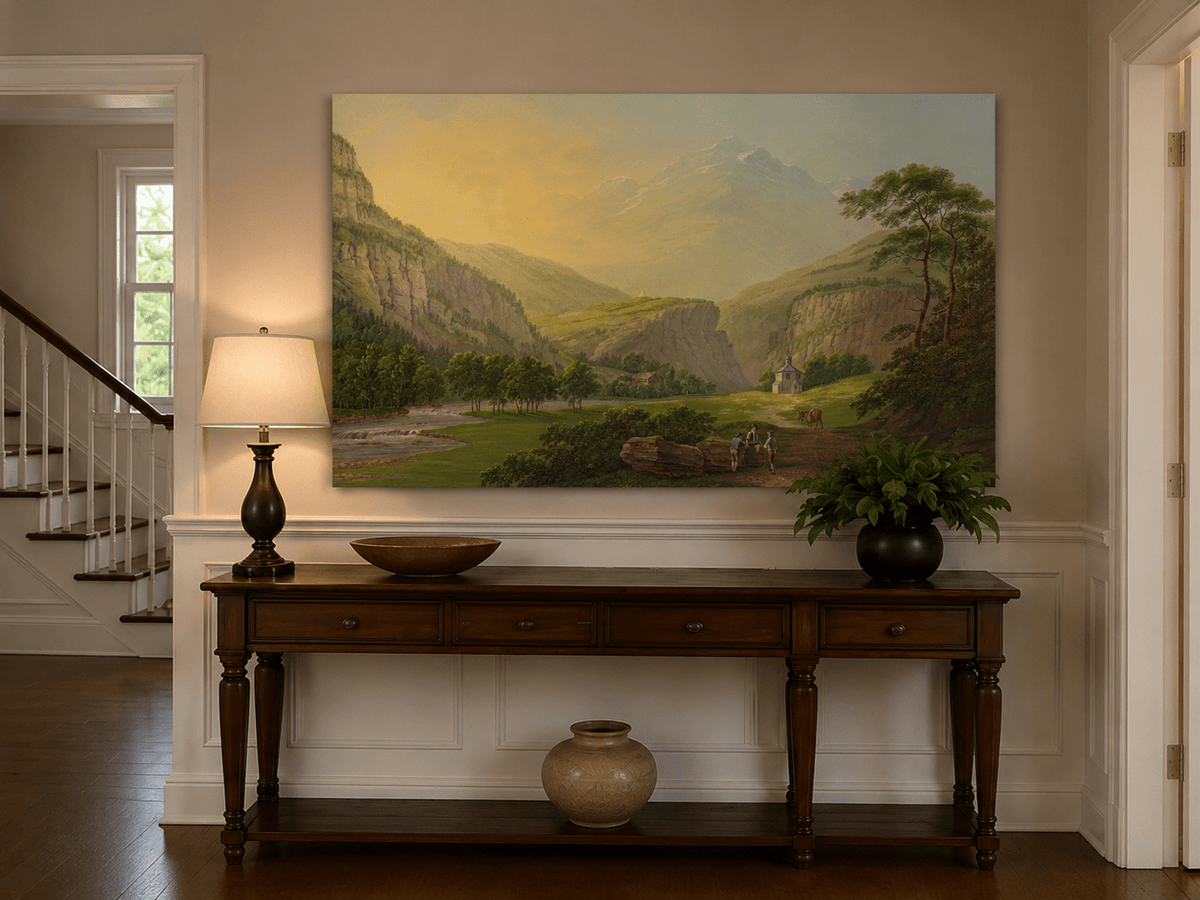 Landscape Oil Painting - Alpine Valley Chapel and Mountain River