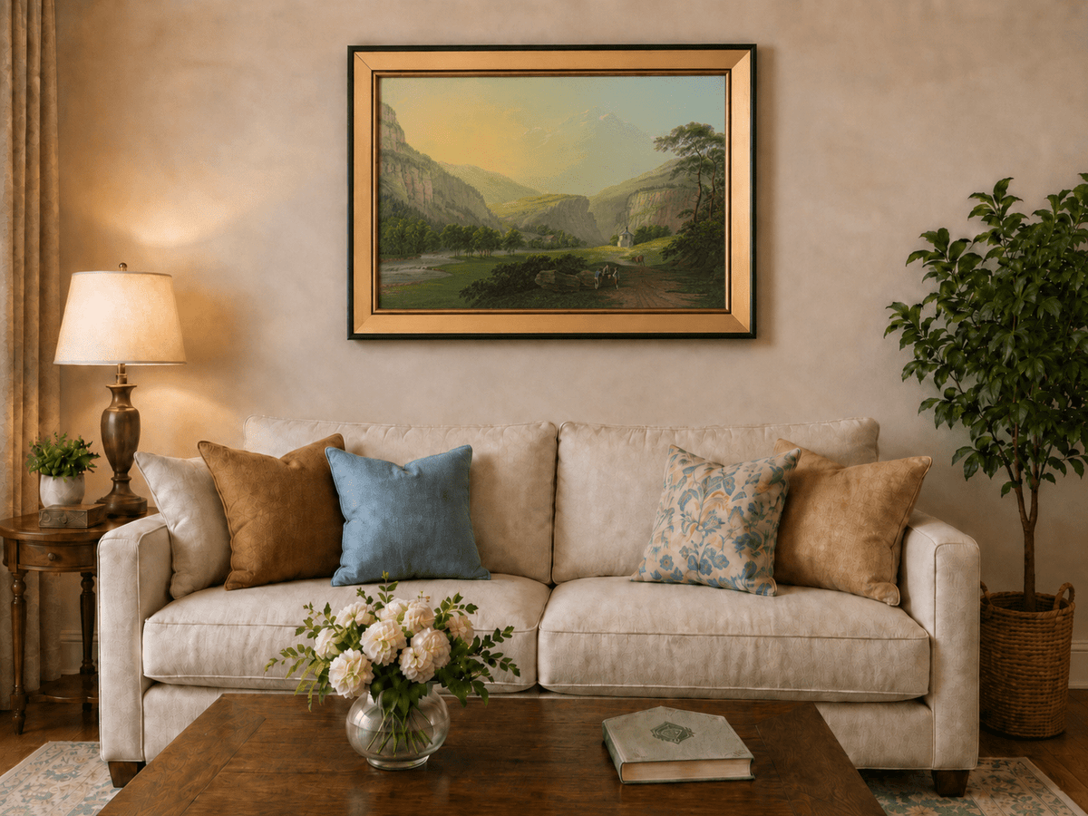 Landscape Oil Painting - Alpine Valley Chapel and Mountain River