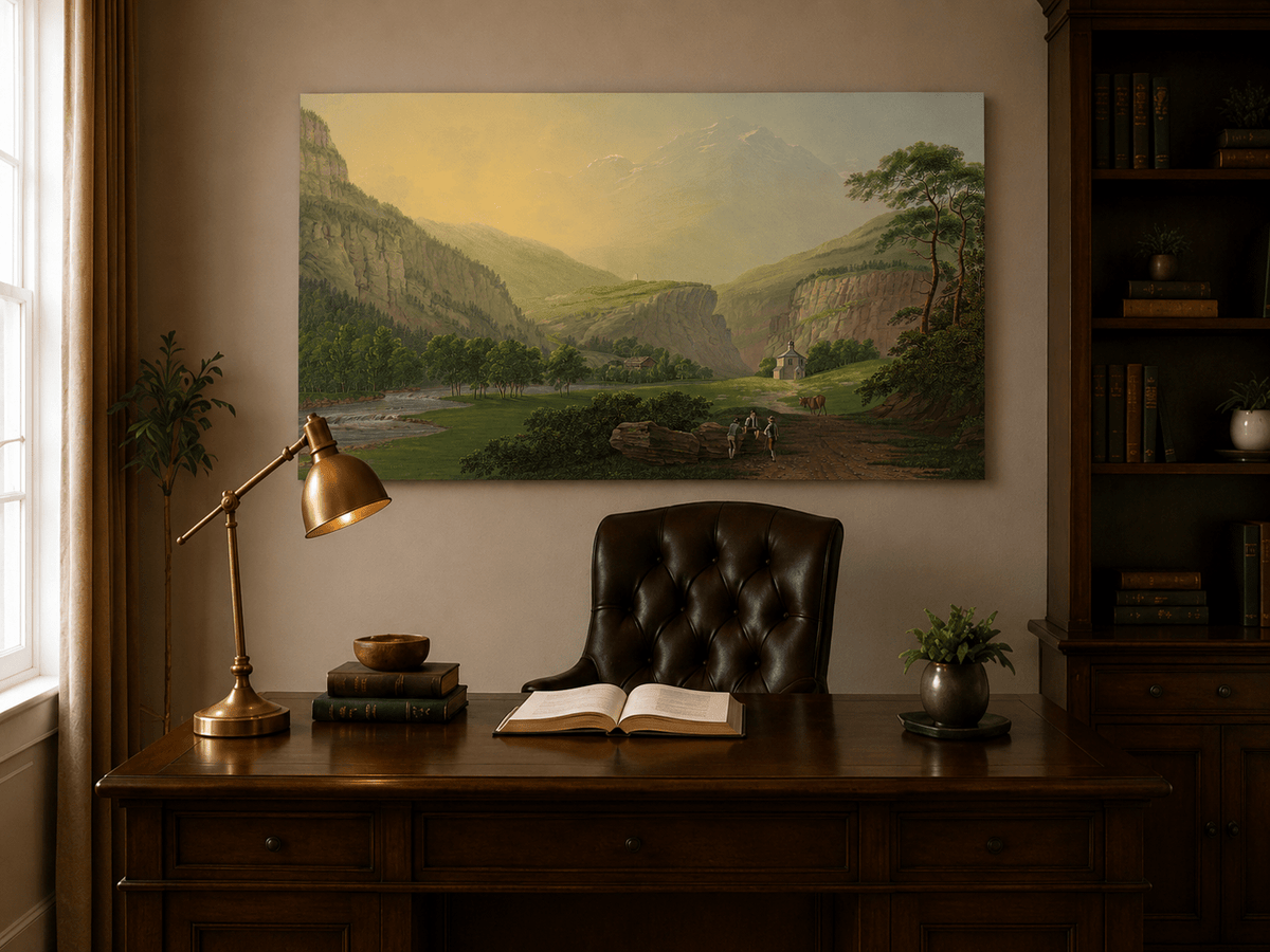 Landscape Oil Painting - Alpine Valley Chapel and Mountain River