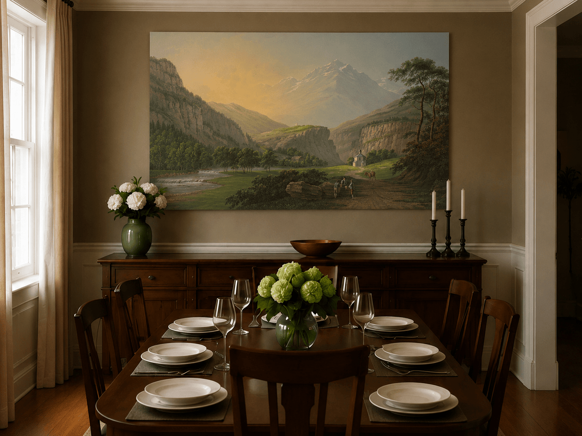 Landscape Oil Painting - Alpine Valley Chapel and Mountain River