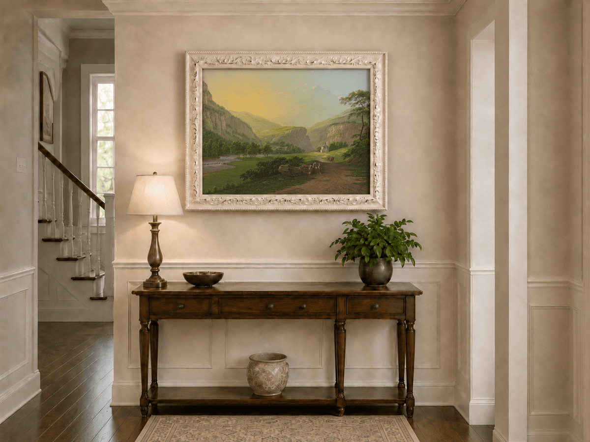 Landscape Oil Painting - Alpine Valley Chapel and Mountain River