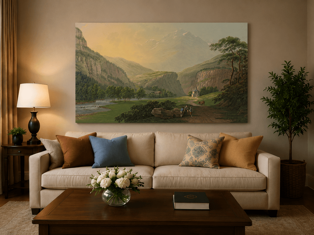 Landscape Oil Painting - Alpine Valley Chapel and Mountain River