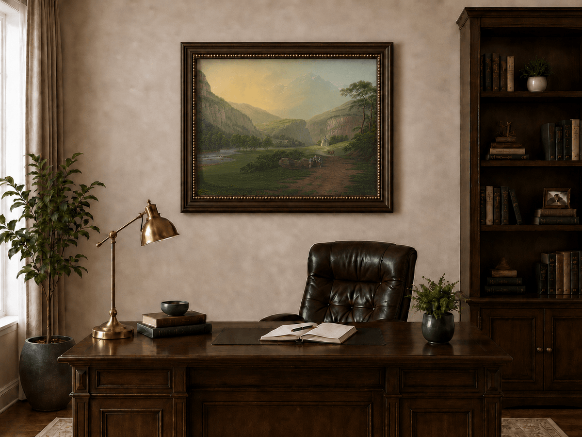 Landscape Oil Painting - Alpine Valley Chapel and Mountain River