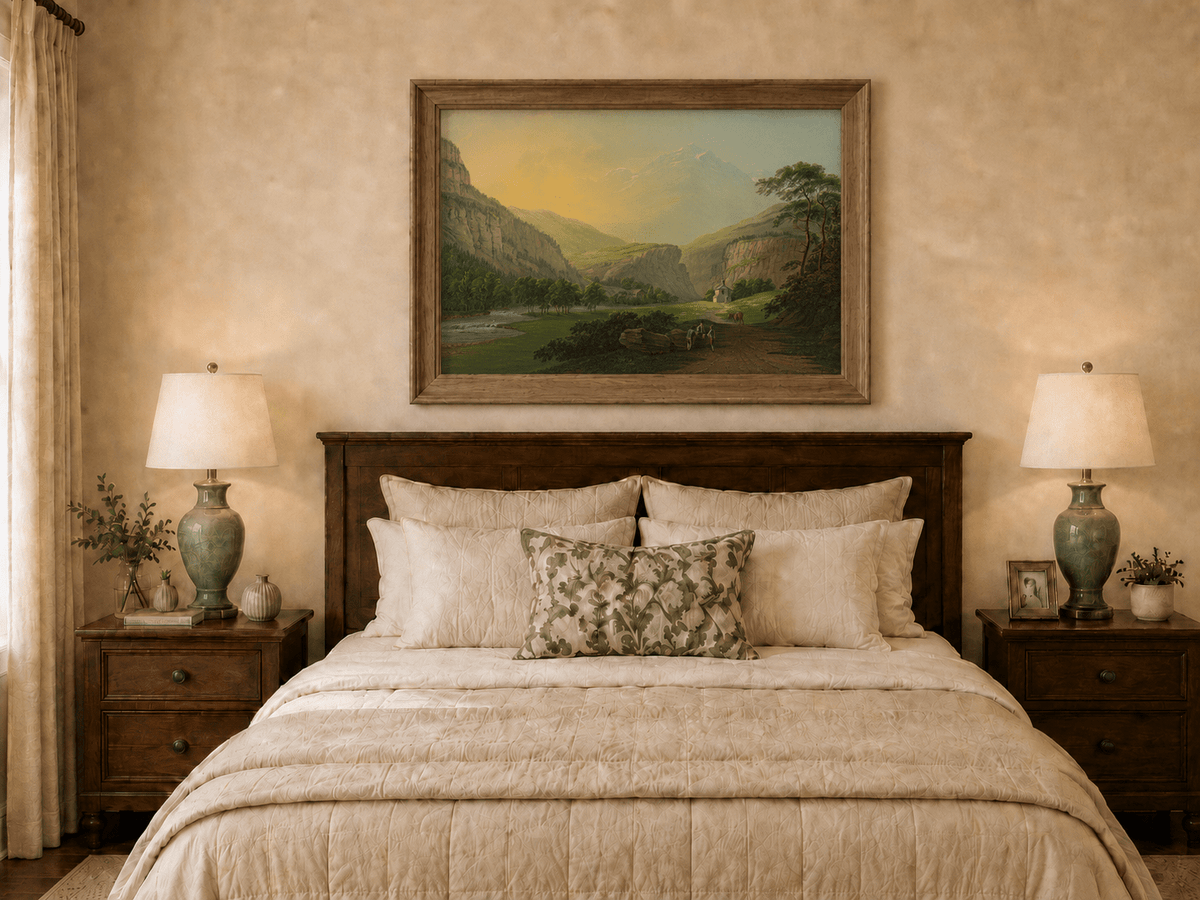 Landscape Oil Painting - Alpine Valley Chapel and Mountain River