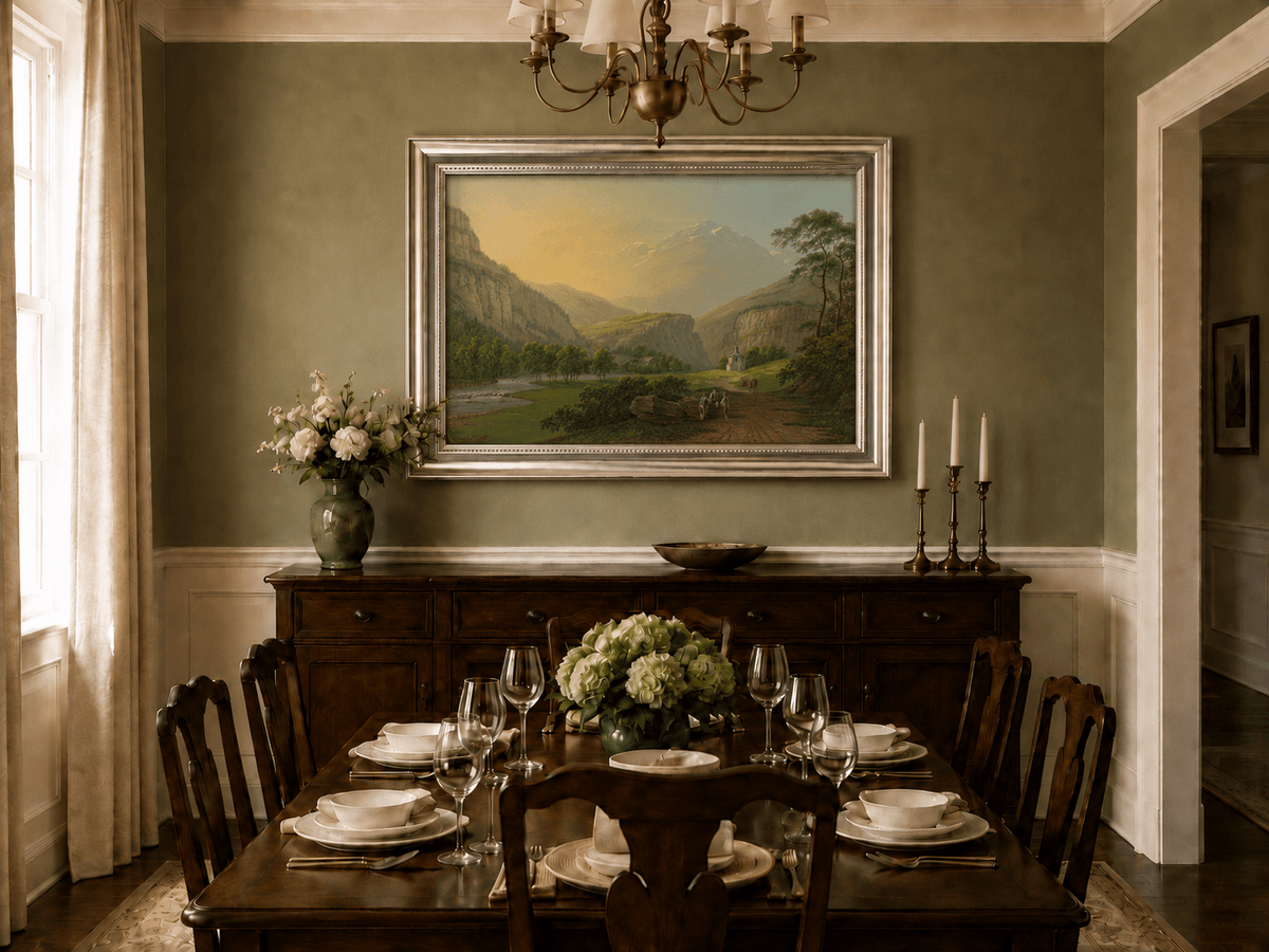 Landscape Oil Painting - Alpine Valley Chapel and Mountain River