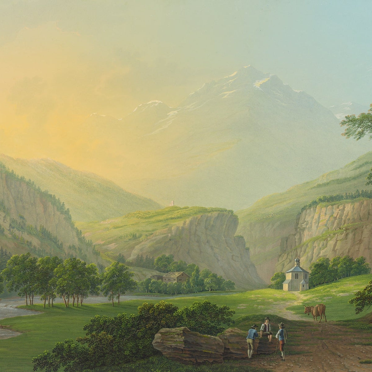 Landscape Oil Painting - Alpine Valley Chapel and Mountain River - Oil Painting Haven