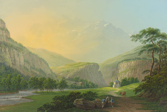 Landscape Oil Painting - Alpine Valley Chapel and Mountain River - Oil Painting Haven