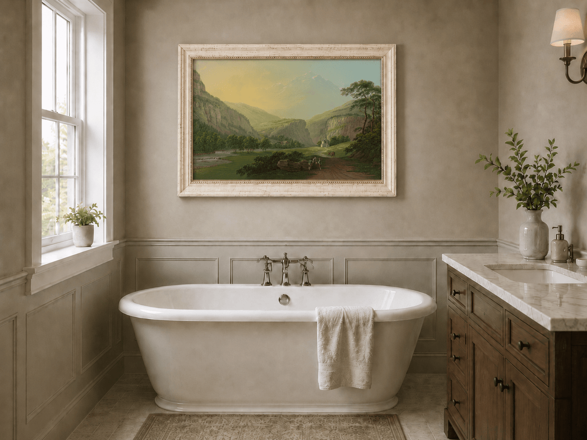 Landscape Oil Painting - Alpine Valley Chapel and Mountain River