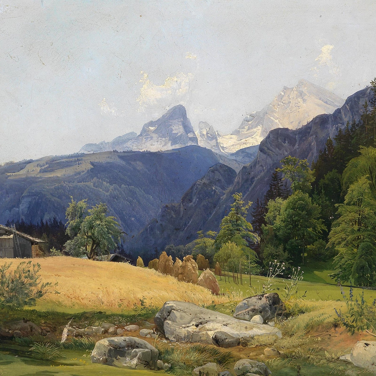 Landscape Oil Painting - Alpine Valley Farm,Haystacks & Snow Peaks - Oil Painting Haven