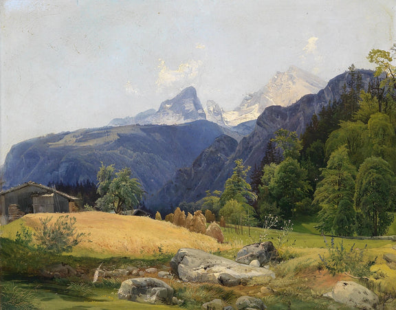 Landscape Oil Painting - Alpine Valley Farm,Haystacks & Snow Peaks - Oil Painting Haven