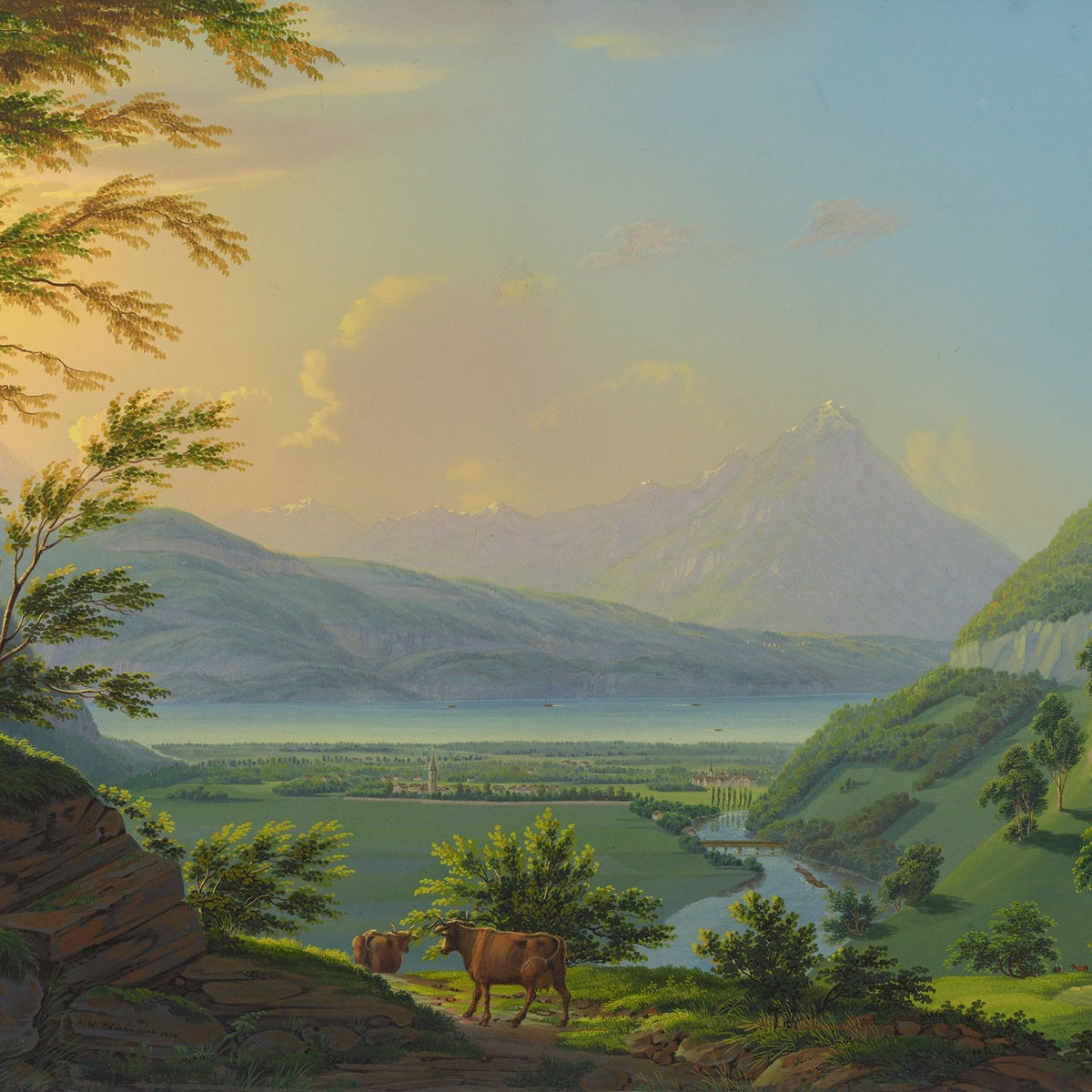 Hand-painted alpine valley lake and pastoral cows landscape oil painting on canvas