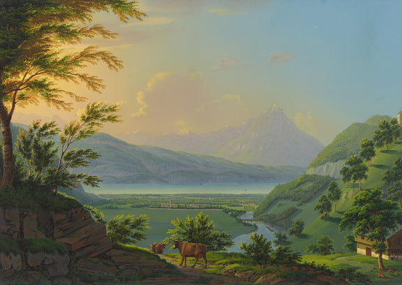 Hand-painted alpine valley lake and pastoral cows landscape oil painting on canvas