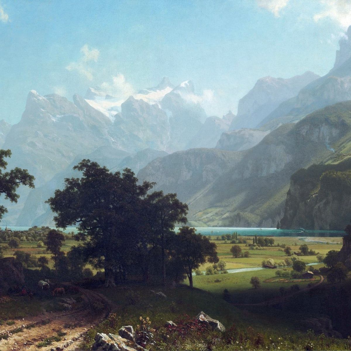 Landscape Oil Painting - Alpine Valley & Lake Mountain Peaks