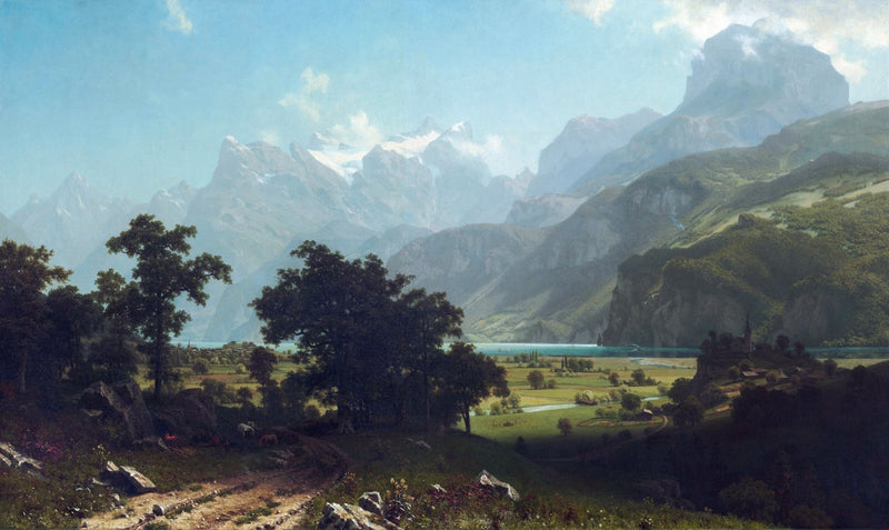 Landscape Oil Painting - Alpine Valley & Lake Mountain Peaks